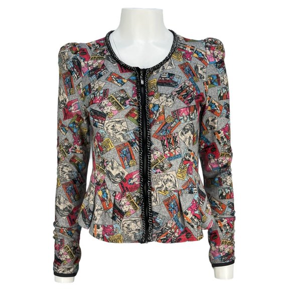 RARE/HTF Comic Print Y Apparel USA puff shoulder Zip Up Peplum Cardigan Sz Md - Picture 2 of 15